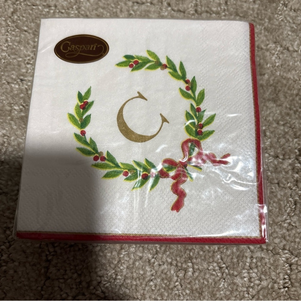 Caspari Christmas Laurel Wreath Cocktail Napkin Letter C 20Triple Ply 25x25 Cm